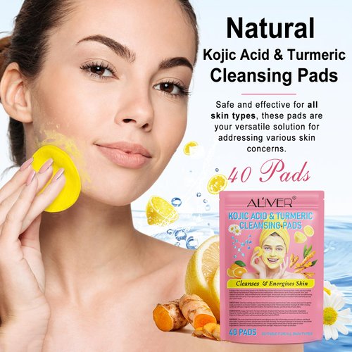 Kojic Acid Turmeric Cleansing Pads - Turmeric Cleansing Pads, Exfoliating, Glow Up Acne Scars, Unclog Pores, Enriched Vitamin C,Gentle & Non-Irritating for Face Body - 40 Count