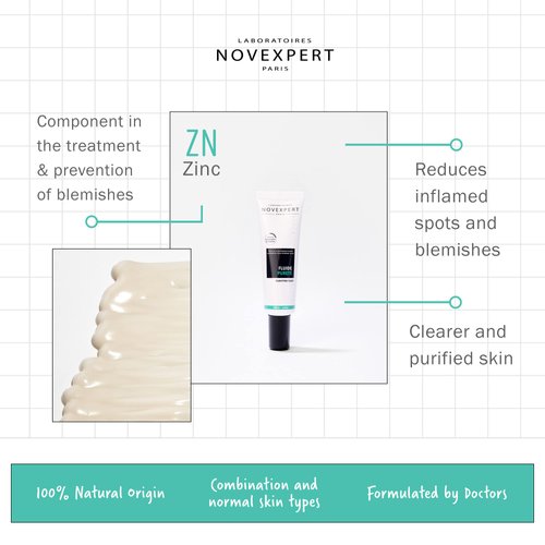 Novexpert Purifying Fluid - Zinc Face Cream for Women and Men - Fast Absorbing Face Cream for Redness and Blemish Prone Skin - Hypoallergenic for All Skin Types - Natural, Organic, Vegan - 1 oz