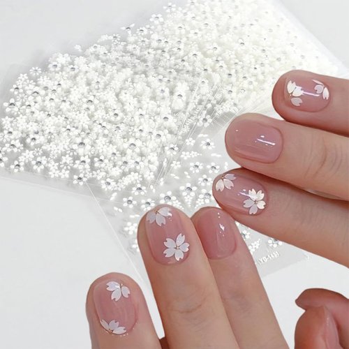 30 Sheets Flower Nail Stickers White Floral Nail Decals with Rhinestone 3D Self-Adhesive Nail Art Supplies Spring Flowers Nails Art Stickers Decals Flower Leaf Nail Designs Stickers for Women Girls