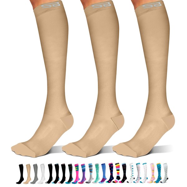 SB SOX 3-Pair Compression Socks (15-20mmHg) for Men & Women – Best Socks for All Day Wear! (XXL, 02 – Solid Nude)