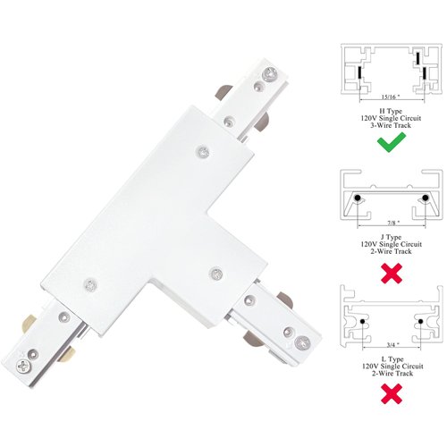 Bravsekai H Track T Connector H Type Single Circuit 3-Wire-1 Track Lighting Kit for H Track System Track Lighting Accessories 120V (White T Connector)