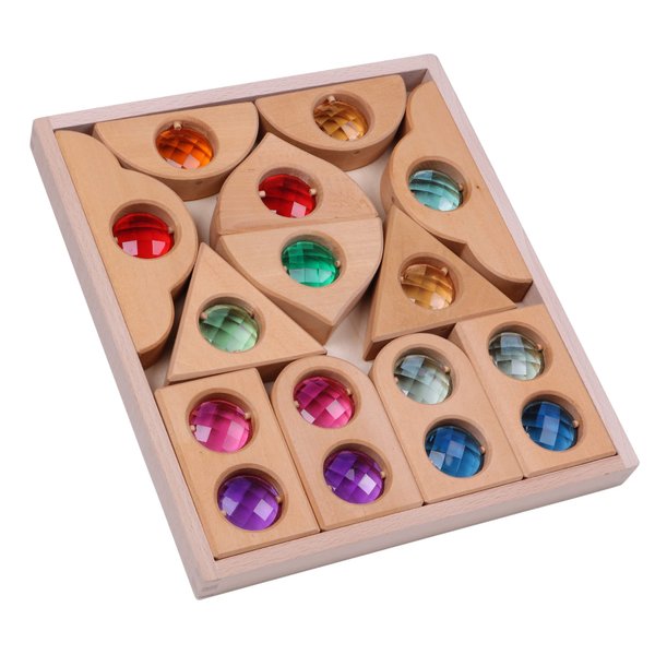KOAICS 12PCS Acrylic Gem Fairytale Windows Blocks,Translucent Cubes Stacking Toys, Sparkling Acrylic Toy Wooden Stacking Blocks,Open Ended Play Montessori Educational Wooden Toys