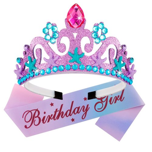 Canitor Birthday Tiara for Girl Birthday Crown for Girls Mermaid Crown Mermaid Birthday Decorations Birthday Girl Sash Mermaid Party Supplies Favors Birthday Girl Headband