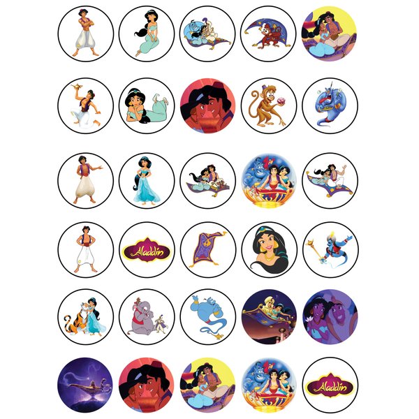 30 x Edible Cupcake Toppers – Aladdin Themed Collection of Edible Cake Decorations | Uncut Edible on Wafer Sheet