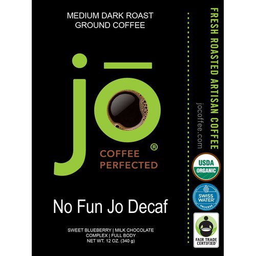 NO FUN JO DECAF: 12 oz, Organic Decaf Ground Coffee, Swiss Water Process, Fair Trade Certified, Medium Dark Roast, 100% Arabica Coffee, USDA Certified Organic, NON-GMO, Chemical & Gluten Free