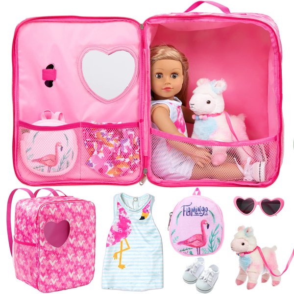 Ecore Fun 18 Inch Girl Doll Carrier Bag with Doll Clothes and Accessories,Including Dress, White Cloth Doll Shoes ,Doll Backpack, Sunglasses, Toy Lamb