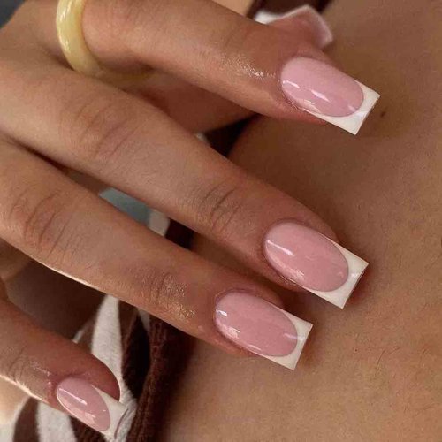 Enppode French Tip Press on Nails Pink Fake Nails Medium Long Square Acrylic False Nails Artificial Glossy Nails for Women and Girls 24 PC/Set