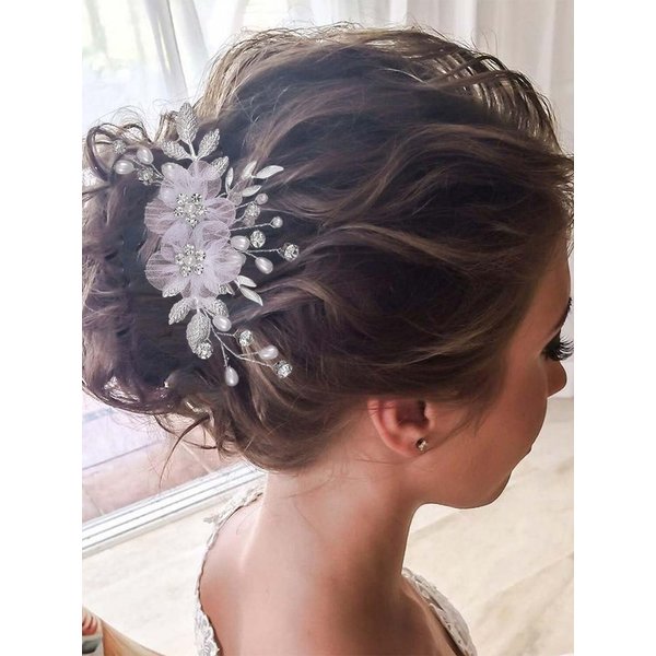 Unsutuo Flower Bride Wedding Hair Comb Silver Leaf Bridal Hair Accessories Crystal Hair Piece for Women and Girls