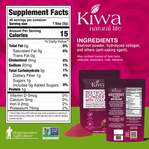 Kiwa Beetroot Powder with Collagen 2-Pack – Vegan, Gluten-Free Dietary Supplement – Supports Natural Energy & Healthy Cell Function – 7oz Bags