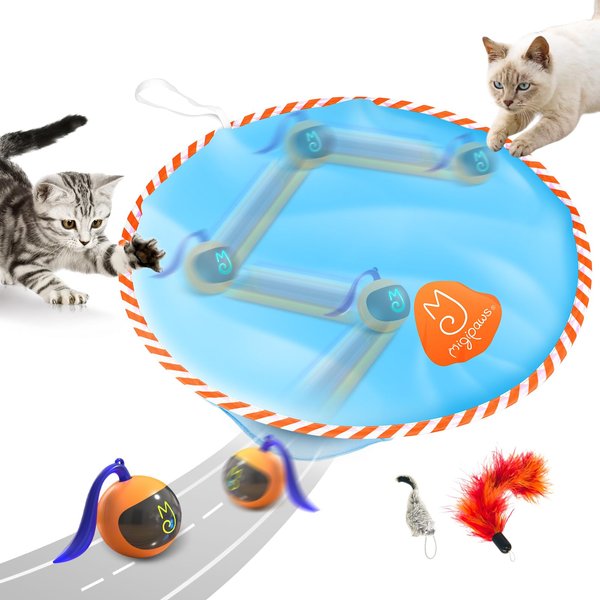 Migipaws Interactive Cat Ball Toy Set, Fun Tracker, Glowing Chase Ball with MystiChaser Pouch, Fluffy Tail, A Small Mice (Orange)