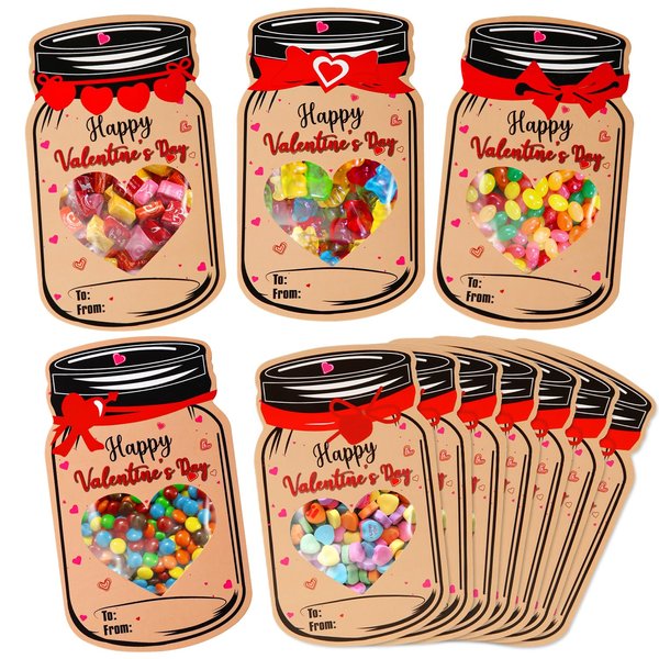 PEUTIER 40pcs Valentine Kraft Exchange Cards Set for Kids, Funny Mason Jar Happy Valentines Day Candy Holder Making Kit Cards Gift for School Classroom Boys Girls Party Favor (Candy Not Included)
