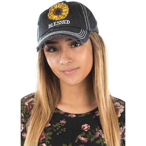 Funky Junque Womens Baseball Cap Distressed Vintage Unconstructed Embroidered Patch Hat (Blessed w/Sunflower - Onyx Black)