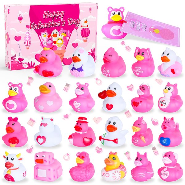 BOZILY 24 Pcs Valentine’s Day Rubber Ducks with Cards for Toddler Kids Adult,Valentine Ducks Bath Toys Classroom Exchange Prizes Giveaways Valentine Party Favors Toys