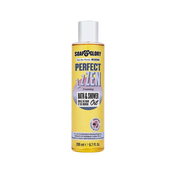 Soap & Glory Perfect Zen Nourishing Bath & Shower Oil - Lavender Oil & Tonka Bean Scented Body Care - Vitamin E & Argan Oil Body Moisturizer - Foaming Bath Oil (200ml)