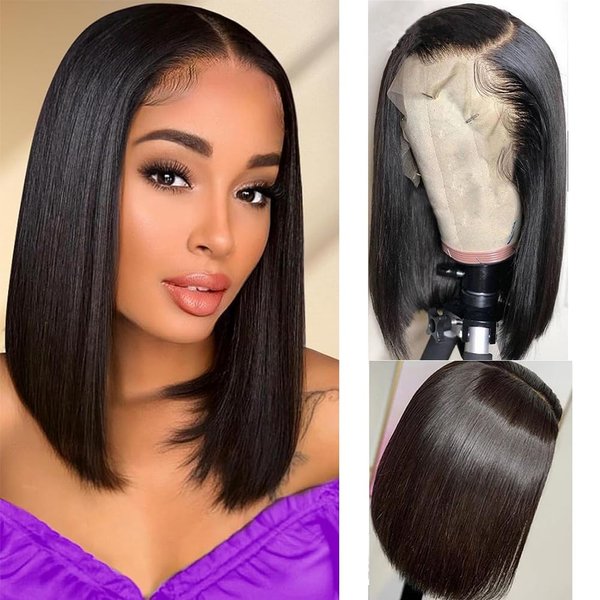 TONGMAY Bob Wig Human Hair 13x4 HD Transparent Bob Lace Front Wigs for Women Brazilian Virgin Human Hair Bob Wig 180% Density Short Straight Lace Frontal Bob Wigs Natural Black 14 Inch
