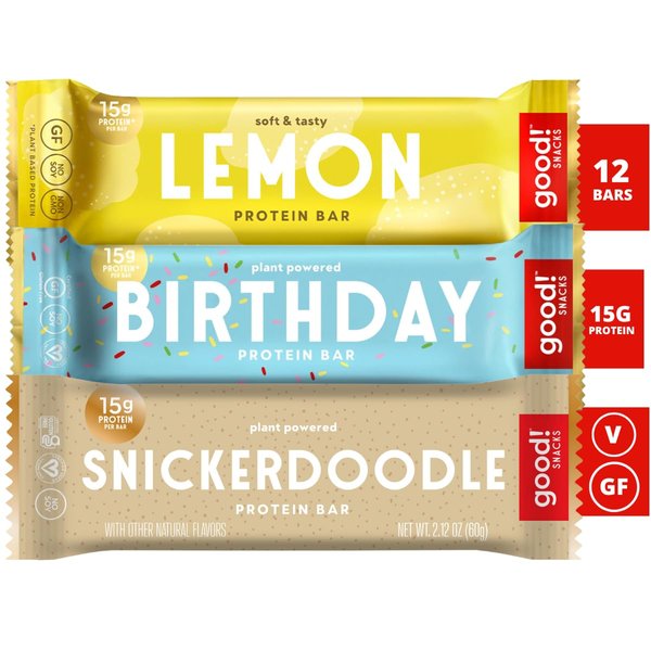 good! Snacks Vegan 3 Flavor Variety Pack Protein Bars | Gluten Free, Plant Based, Low Sugar, Kosher, Soy Free, Non GMO | 15g Protein (12 Bars)