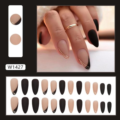 French Tip Press on Nails Medium Almond Fake Nails Black Oblique French False Nails Press Ons With Glitter Gold Thread Designs Full Cover Glue on Nails Acrylic Nail Kit for Women Manicure 24 Pcs