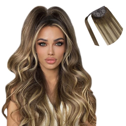 HOTBANANA Ponytail Extension, 16 Inch Ponytail Extension Human Hair Clip in Wrap Around Ponytail Hair Piece Chocolate Brown to Caramel Blonde Long Straight Remy Human Hair Extension 80g