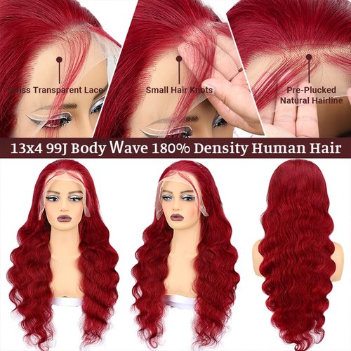 SOSATISFY Body Wave 99J Burgundy Lace Front Wigs Human Hair 200% Density 13x4 Glueless HD Transparent Wine Red Wigs for Women Human Hair Pre Plucked with Baby Hair (26 inch)