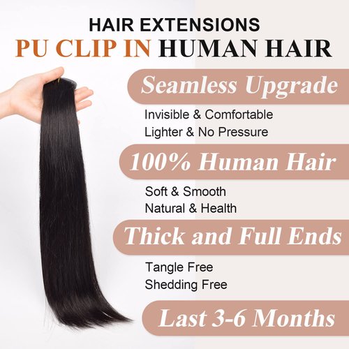 Clip in Hair Extensions Real Human Hair Clip ins 100% Brazilian Virgin Hair Straight PU Seamless Clip in Hair Extensions Human Hair Natural Black Hair for Women 100 Gram 6 Pcs 18 Inch