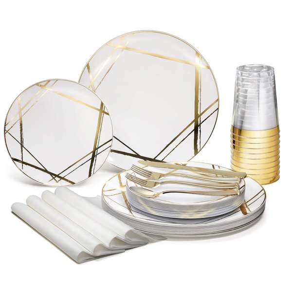 " OCCASIONS " 640pcs set (80 Guests)-Wedding Party Disposable Plastic Plate Set -80 x 10.25'' + 80 x 7.5'' + Silverware + Cups + Napkins (Monet in White & Gold)