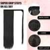 ISWEET - Long Ponytail Extension for Black Women - 28 Inch Natural Black Straight Clip on Pony Tails Hair Extensions - Magic Paste Heat Resistant Synthetic Wrap Around Fake Ponytail Hairpiece