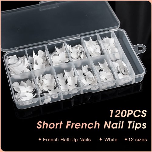 krofaue Short French Nail Tips - 120PCS Acrylic Short Nail Tips White French Fake Nail Tips Art Tips 12 Sizes Half Cover False Nails Short Wrap Edge Armor Nails with Case for Nail Extensions DIY