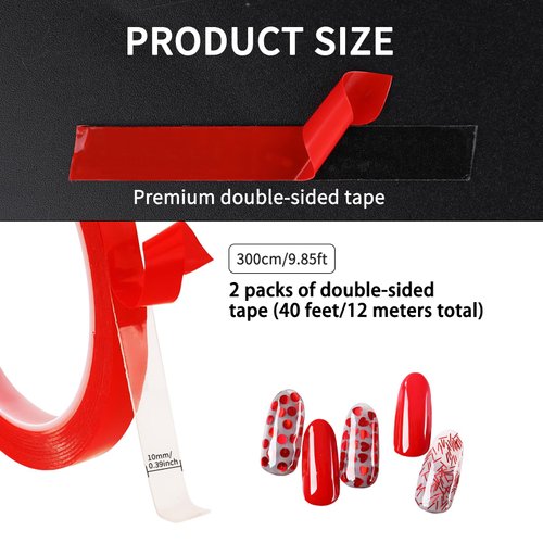 Mozeat Lens 2 Rolls Double Sided Tape for Press on Nails Adhesive Strong Sticky Nail Tapes Waterproof Removable Traceless Clear Mounting Tape for Salon Nail Tips Colors Designs Showcase, 20FT
