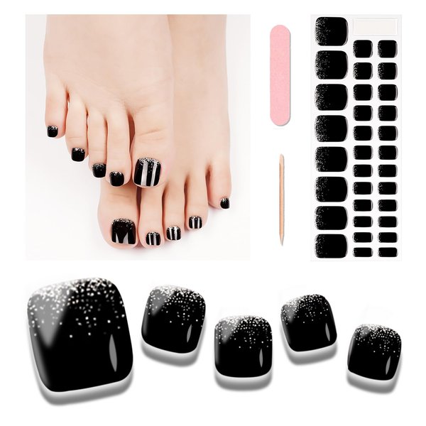Wekcekcek Semi Cured Gel Toenail Strips, 32 Silver Black Gel Toenail Stickers - Works with Any Nail Lamps Gel Pedicure Strips Full Nail Wraps with Nail File & Wood Stick