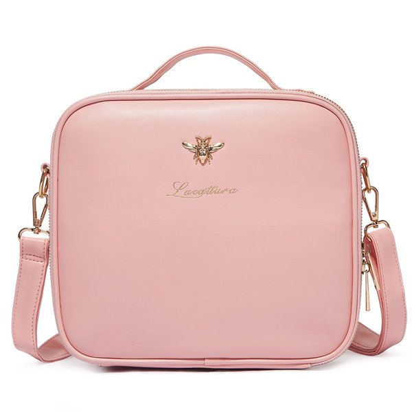LACATTURA Travel Makeup bag, Leather Makeup Train Case Cosmetic Organizer for Makeup Brushes Toiletry Digital Accessories, Portable Artist Storage Bag With Shoulder Strap for Women Girls Pink