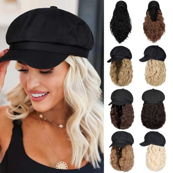 Lansigreen Newsboy Cap with Hair Extensions Short Curly Wavy Bob Hairstyle Wig Hat Beret 8 Panel Attached 14" Synthetic Hairpiece for Women Ginger Blonde Mix Bleach Blonde