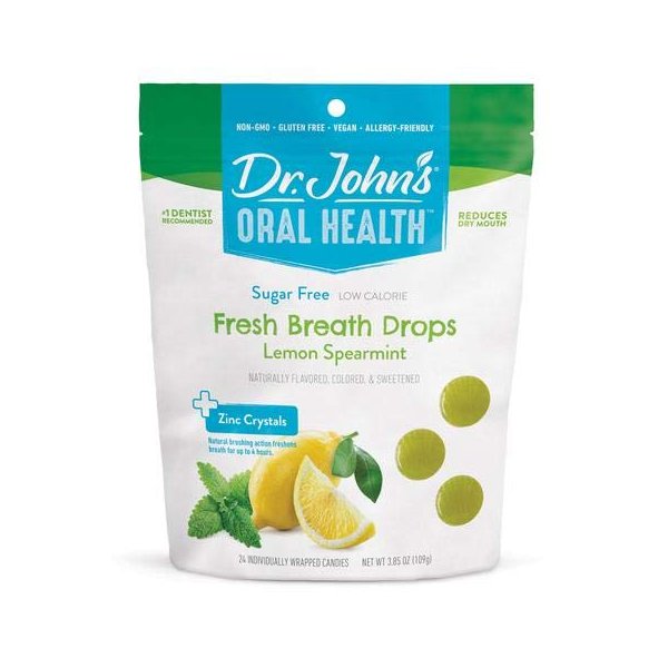 Dr. John’s Oral Health Sugar Free Candy, Healthy Fresh Breath Drops with Zero Sugar, Low Calorie Snacks, Hard Candy Sweets, Lemon Spearmint Flavor, 24 Count, 3.85 OZ