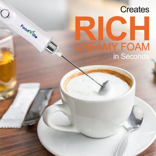 FoodVille MF09 Rechargeable Milk Frother Handheld Foam Maker with 3 Stainless Whisk and Travel Case and Charging Base for Cappuccino, Latte, Protein Powder