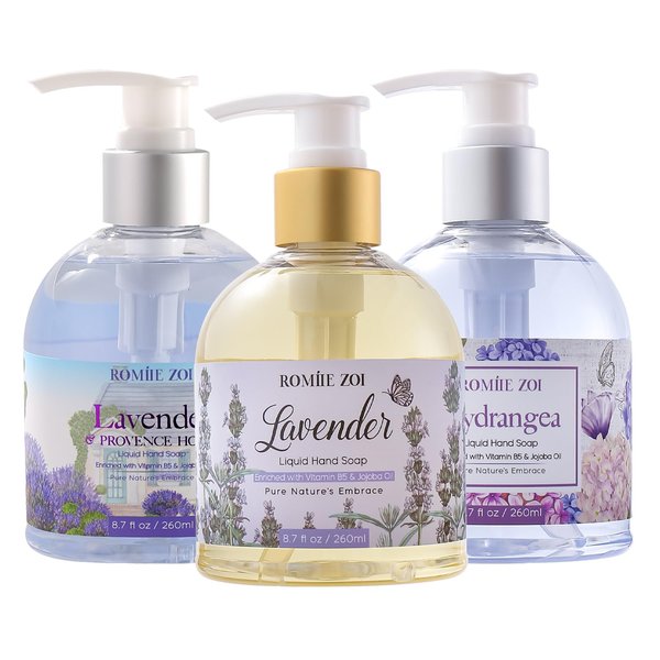 ROMIIE ZOI Liquid Hand Soap with Gift Box - 260ml/ 8.7 fl.oz - Variety Pack of 3 (Lavender Rosemary,Lavender,Hydrangea)