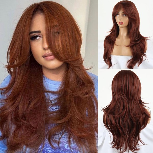 Mayouda Layered Wig With Curtain Bangs For Women Copper Red Layered Wig 26Inch Straight Wavy Hair Wig Natural Looking Synthetic Heat Resistant Wigs for Daily Party Use (26Inch, Copper Red#)
