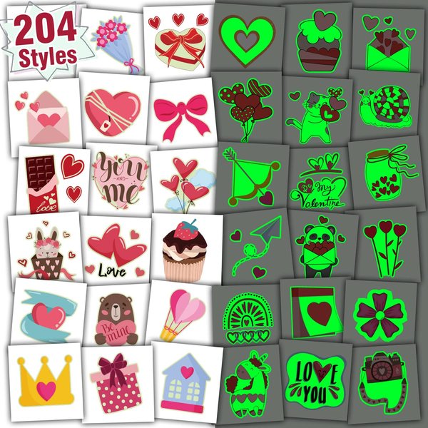 Partywind 204 Styles Glow Valentine's Day Tattoos for Kids Classroom, Individually Wrapped Sheets Valentines Temporary Tattoos for Party Supplies Favors Decorations Gifts, Heart Decor Tattoo Stickers