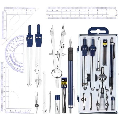 Outus 13 Pcs Math Geometry Kit Compass Geometry Set Math Tool Kit with Protractor Compass Pencil Triangle Rulers Lead Refills Storage Box for Drafting and Drawing Student School Supplies(Blue)