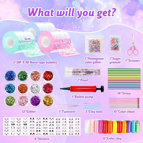 62 Pcs Double Sided Tape Bubble Kit, Elastic Adhesive Tape Bubbles, Handmade DIY Anxiety Relief Stress Balls Toys for Boys Girls, Kids Crafts Party Favors with Glitter Decorative Supplies