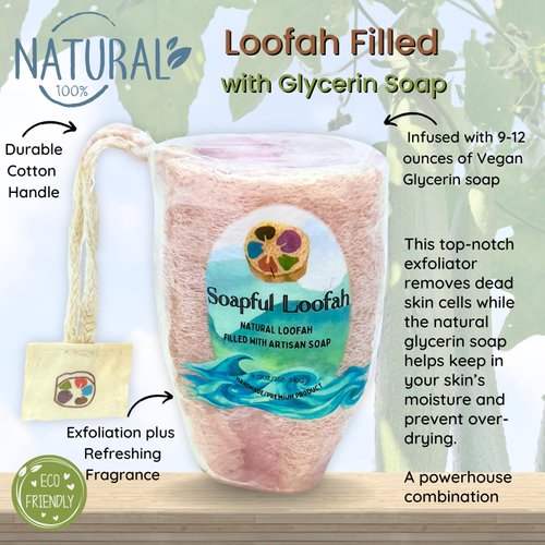 Soapful Loofah - Natural Loofah Sponge Filled with Lavender Eucalyptus Scented Handmade Natural Glycerin soap - Soap Bar Loofah - Loofah Exfoliating Body Scrubber - Shower Loofah