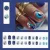 Press on Nails Short Square Fake Nails Acrylic Blue False Nails with Flower Stripe Designs Artificial Glitter Nails Full Cover Glue on Nails Stick on Nails for Women 24Pcs