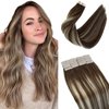 Tape in Hair Extensions Human Hair 22 Inch Balayage Brown to Blonde Highlights Human Hair Extensions 50g 20pcs Tape ins Skin Weft Hair Extensions Invisible Glue in Hair Extensions