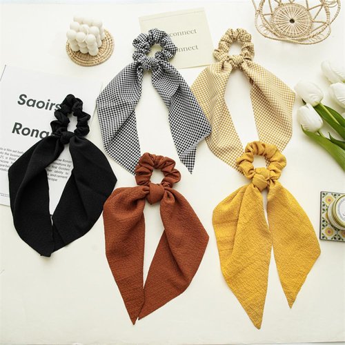 Black Yellow Scarf Scrunchies for Hair Ribbon Ties Bow Scrunchies with tail, Stripe Plaid Elastic Hair Scarf Black Hair Ties Bands Long Ponytail Scrunchies for Women (black yellow)