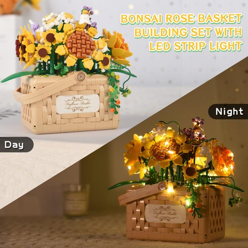 Allhero Sunflower Flower Bouquet Building Set Basket with LED String Light, Aroma Tablets, Creative Sunflower Flowers Building Blocks Set Toy Decor for Home Office. (1277 PCS)