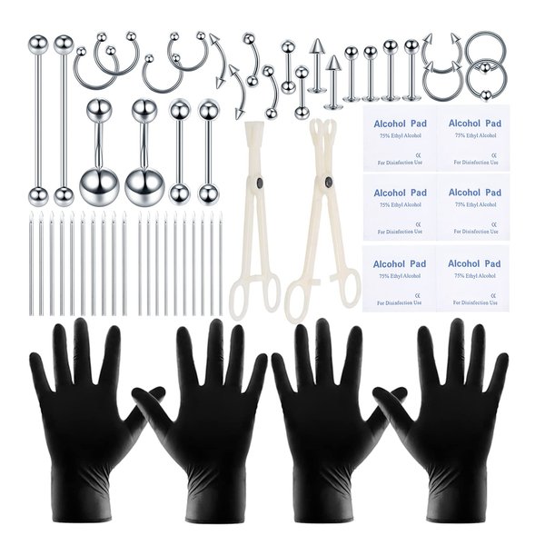58PCS Body Piercing Kit Surgical Steel 14G 16G BCR CBR Labret Lip Rings Cartilage Daith Earrings Belly Button Rings Nose Septum Piercing Jewelry Needles Gloves Clamps Tools