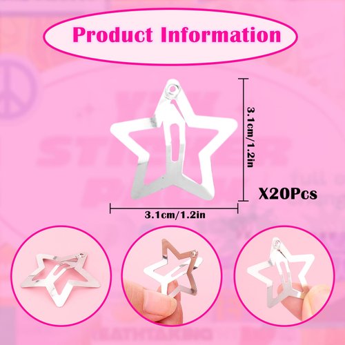 Vodolo Star Hair Clips,20 PCS 2000s Y2K Sliver Star Barrettes,Non Slip Metal Snap Star Hairclips Hair Accessories for Girls Women
