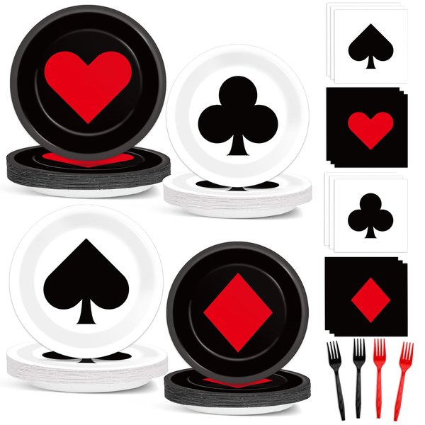 CHUNNIN 96Pcs Casino Party Plates and Napkins Las Vegas Party Decorations Casino Night Party Dessert Plates Poker Dessert Tableware Set for 24 Guests Game Night Birthday Event Game Supplies Favor