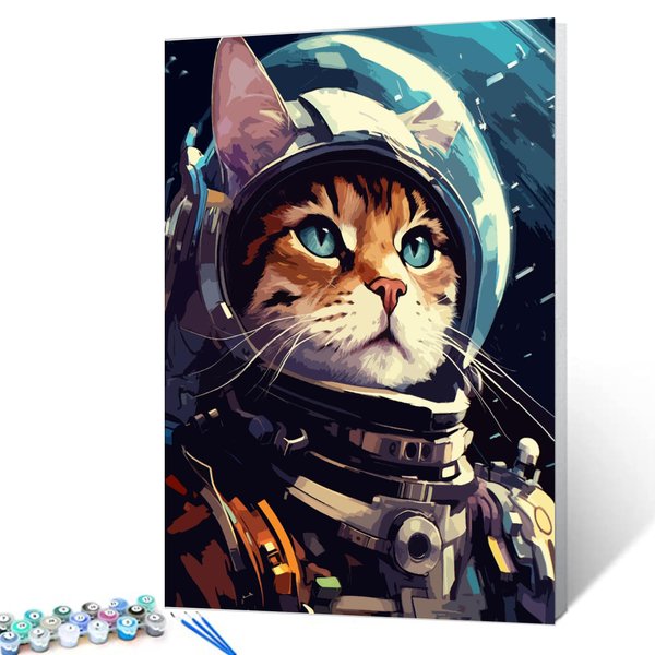 Astronaut Cat Paint by Numbers for Adults Kids Graffiti Animal Oil Painting Kit by Number on Canvas,Art Cartoon Wildlife Painting Crafts Kit for Adult Children Paint Room Decor 16X20inch (DIY Frame)