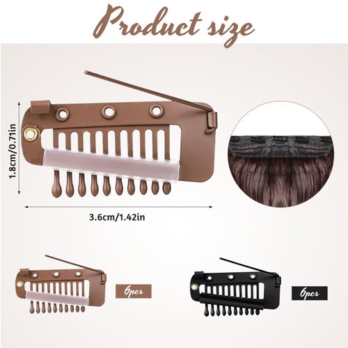 12 Pcs Wig Clip With Safety Pins 10-Teeth Hair Extension Snap Invisible Wig Combs Setting Clips to Secure Wig No Sew Hair Extension Clips for Woman Hijab Veil Hair Extensions Hairpieces (Black, Brown)