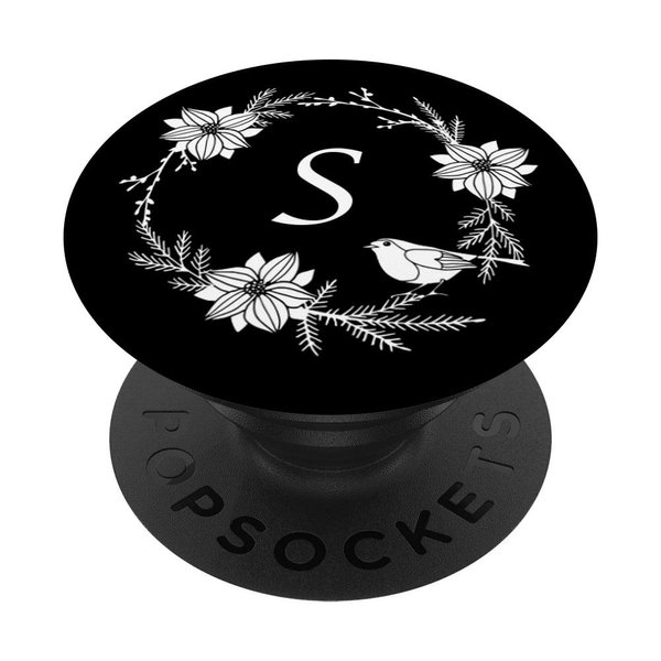 Cell Phone Pop Out Holder,White and Black Floral Letter S PopSockets Grip and Stand for Phones and Tablets