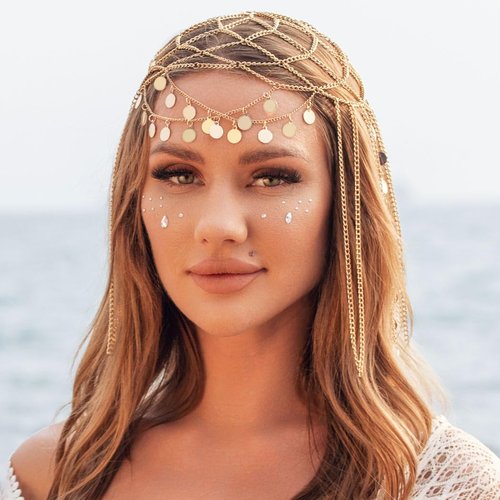 Aukmla Sequin Head Chain Gold 1920s Flapper Headpiece Cap Roaring 20s Halloween Festival Costume Hair Chains Headband for Women and Girls
